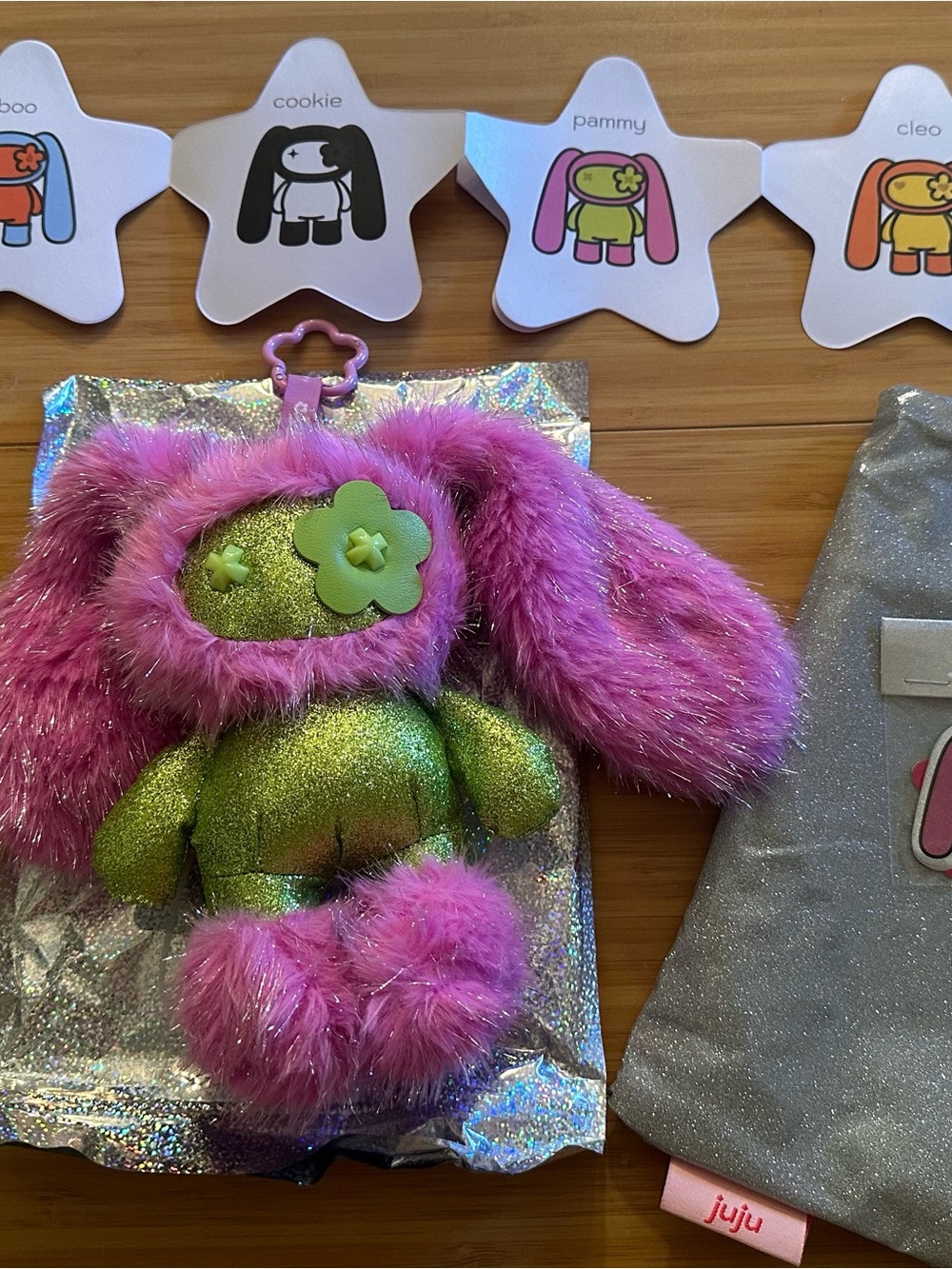 JuJu Sparkle Bunny Clip-On Plush in Pink and Green
